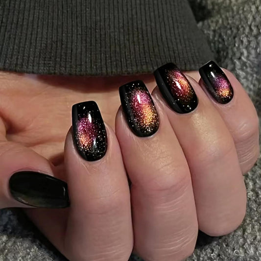 HOSAILY Cat Eye Press on Nails Short, Pink Purple Galaxy Square Fake Nail with Magnetic Shimmer Design, 24pcs Glossy Handmade Gel Glue on Nails Coffin, Salon Quality Stick on Nails Press Ons for Women