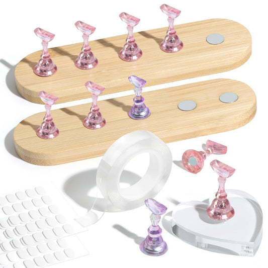 Modelones Nail Stand Set, Magnetic Press On Nails Holders Wider & Heart Display Base Standard Pinky Nail Stands for False Nail Tips Practice Painting 100PCS Adhesive Tabs Double-sided Tape Nail Art