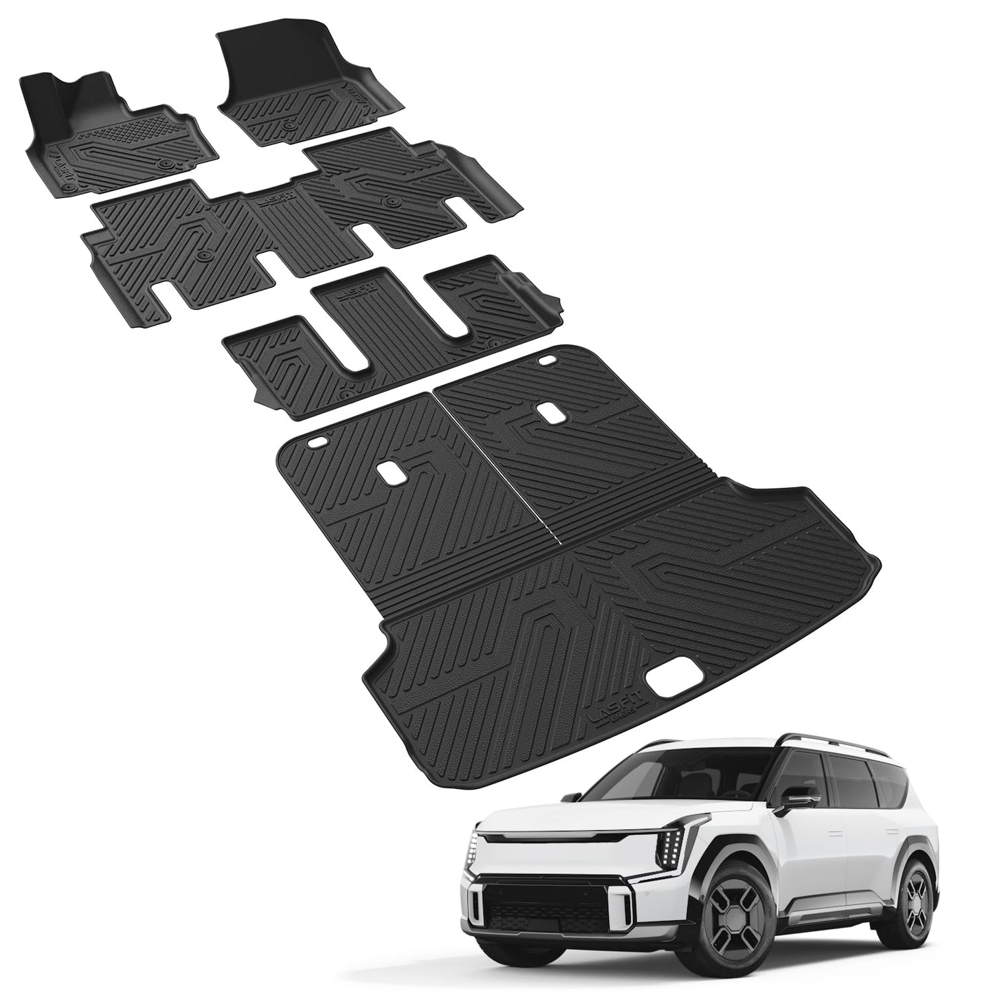 LASFIT Floor Mats & Cargo Mats for KIA EV9 2026 2025 2024 (Only for 6-Seats,Not Fit Relaxation Chairs & 7-Seats),All Weather TPE Custom Fit Kia EV9 2024-2026 Full Set Car Accessories Floor Liners