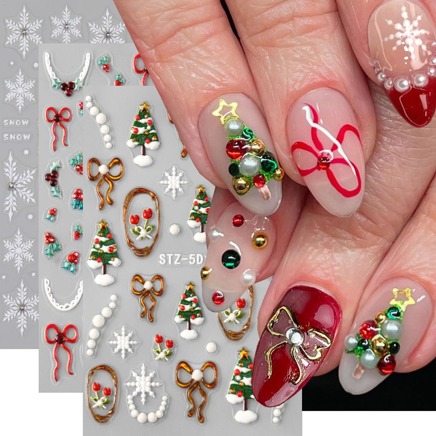 3pcs Christmas Nail Art Stickers 5D Embossed Nail Decals White Snowflakes Christmas Tree, Bow, Holly Adhesive Nail Stickers Snow with Rhinestones Design Xmas Nail Supplies Manicure Accessories