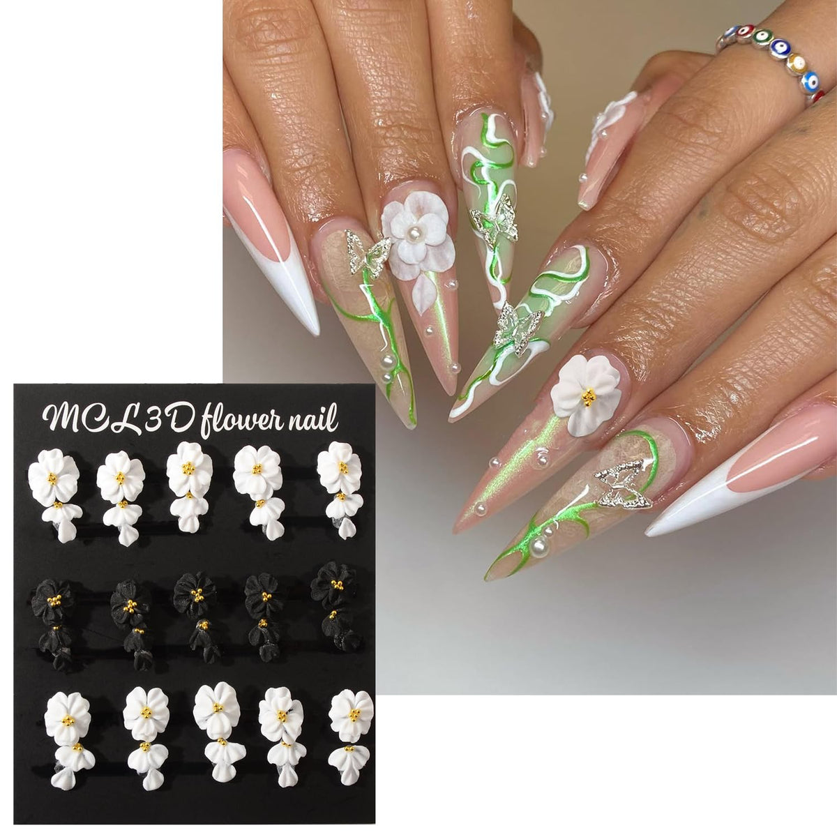 BAIYIYI 30PCS Handmade Acrylic Flowers Nail Art Charms Cute Y2K Summer Floral with Caviar Beads Design High-end Craved Flower Petal Nails Charms for Women Profession Nail Art Craft Jewelry