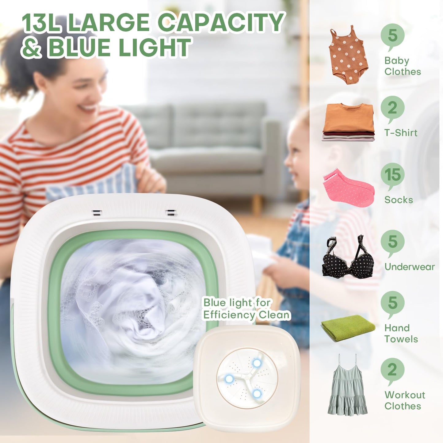 Portable Washing Machine, Upgrade 13L Mini Clothes Washer with 3 Modes, Foldable Small Laundry Machine for Travel, Camping, RV - Perfect for Underwear, Baby Clothes, Socks