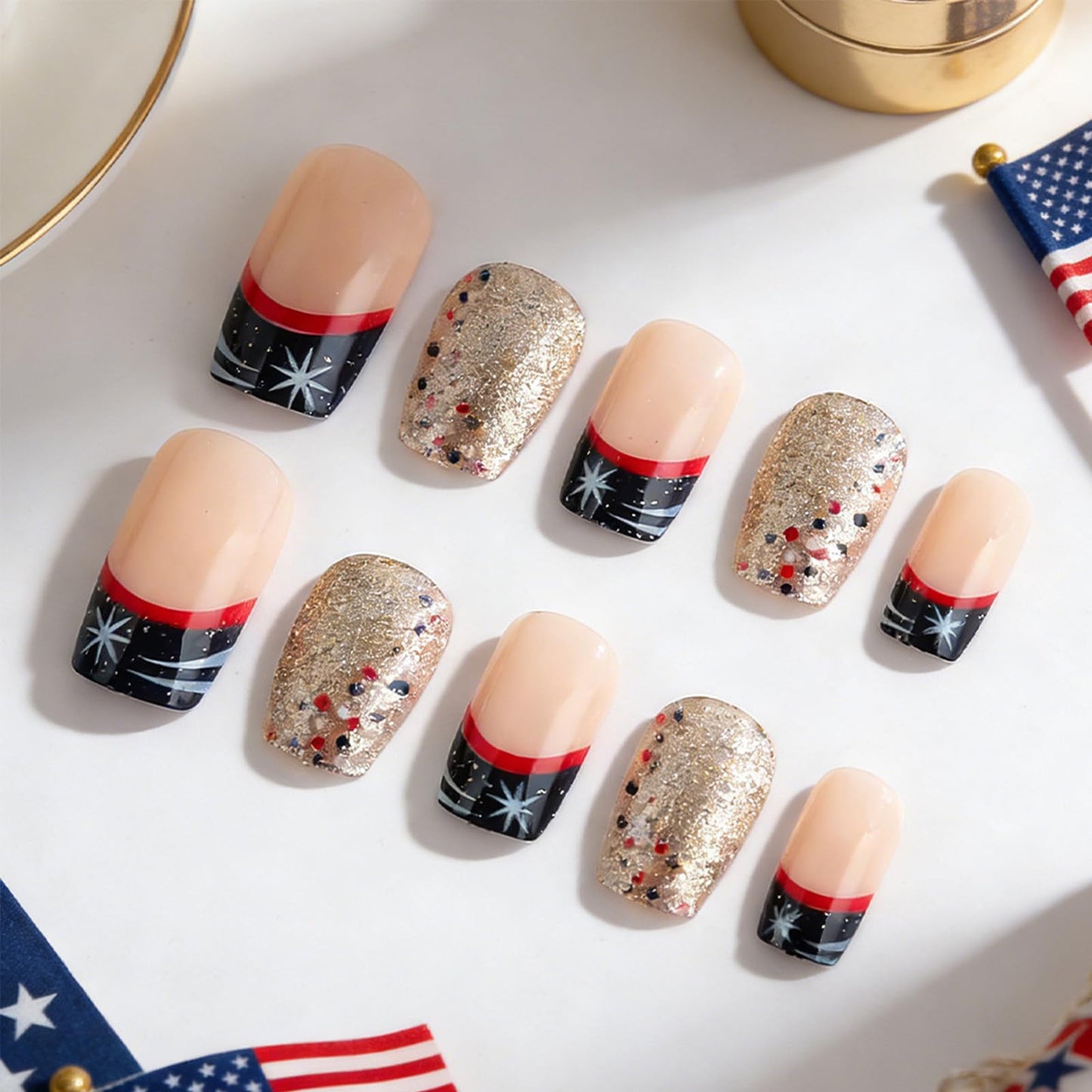 4th of July Press on Nails Medium Square French Tip Fake Nails Polka Dot Silver Glitter False Nails Independence Day Patriotic Nails Full Cover Glossy Stick on Nail for Women Manicure 24Pcs