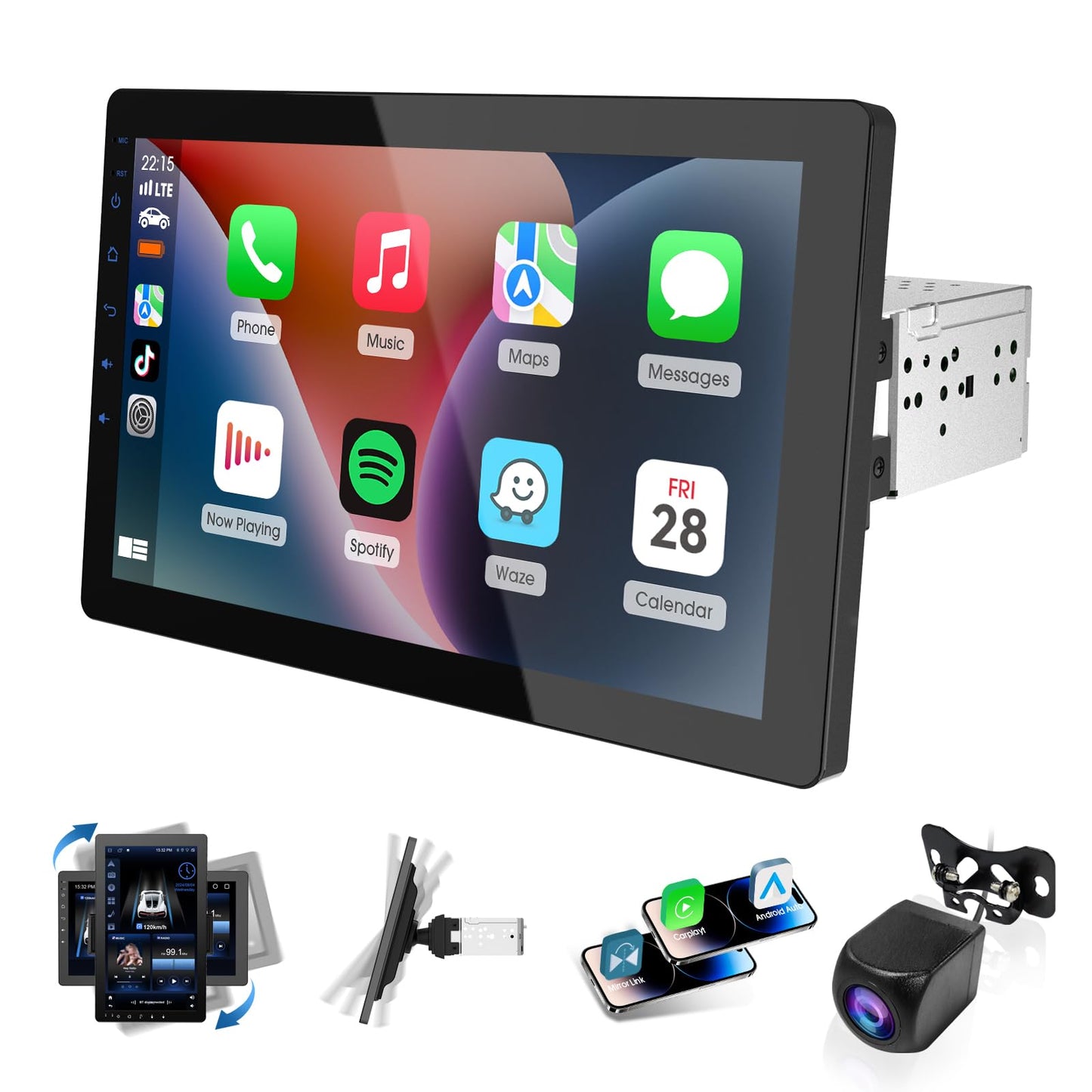 Haudio 10.1 Inch Single Din Radio Car Stereo,Support Wireless CarPlay and Android Auto,360 Rotatable Screen with 1080P Rear Camera,Mirror Link|Bluetooth|Music Play|AUX|FM/AM|SWC,Android Car Radio