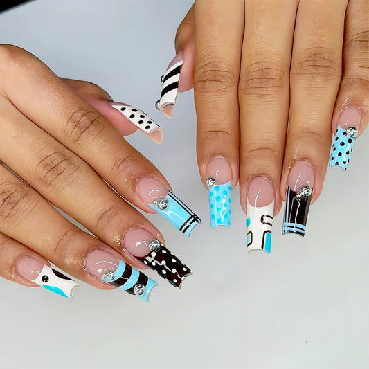 octoswave Long Square Press on Nails with Rhinestone Designs Blue Plaid and Polka Dot Glossy Fake Nails Acrylic Stick on Nails for Women Party Wedding Prom 24 Pcs