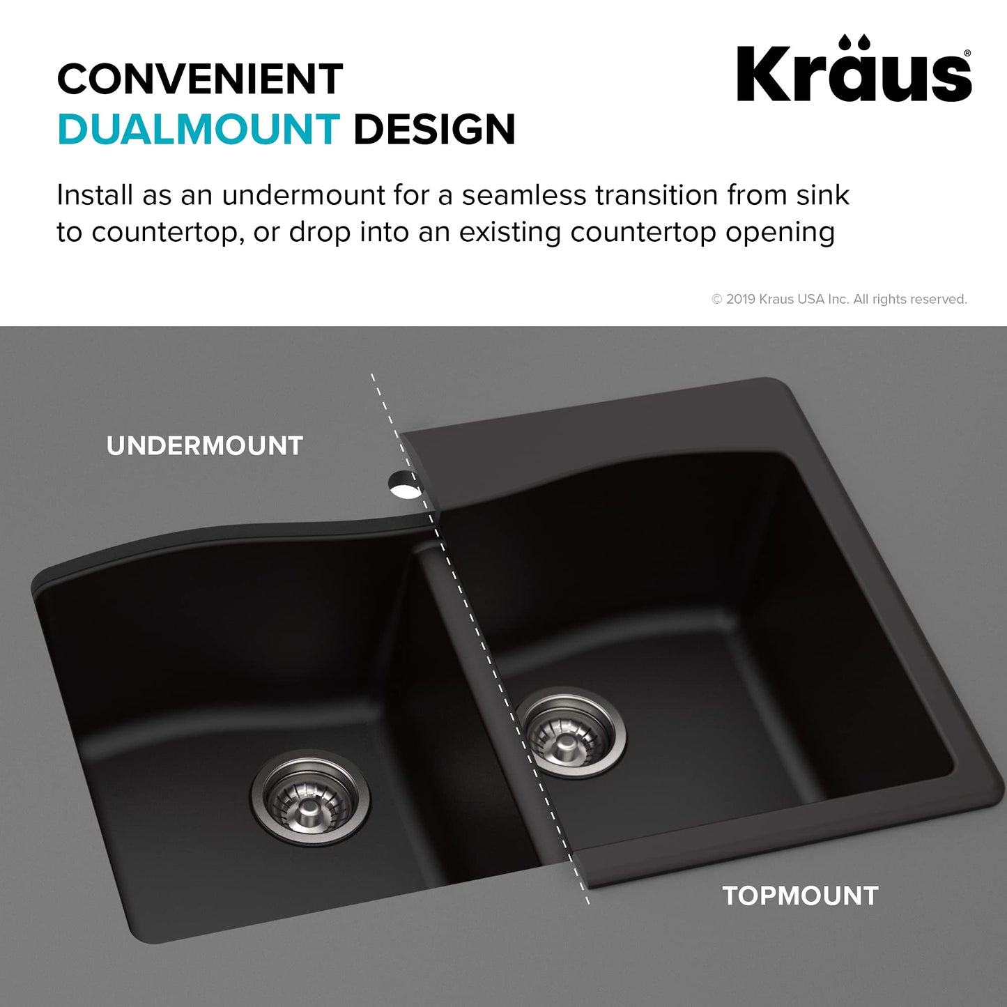 KRAUS Forteza 33-inch Drop in/Undermount 50/50 Double Bowl Granite Kitchen Sink in Black, KGD-52BLACK