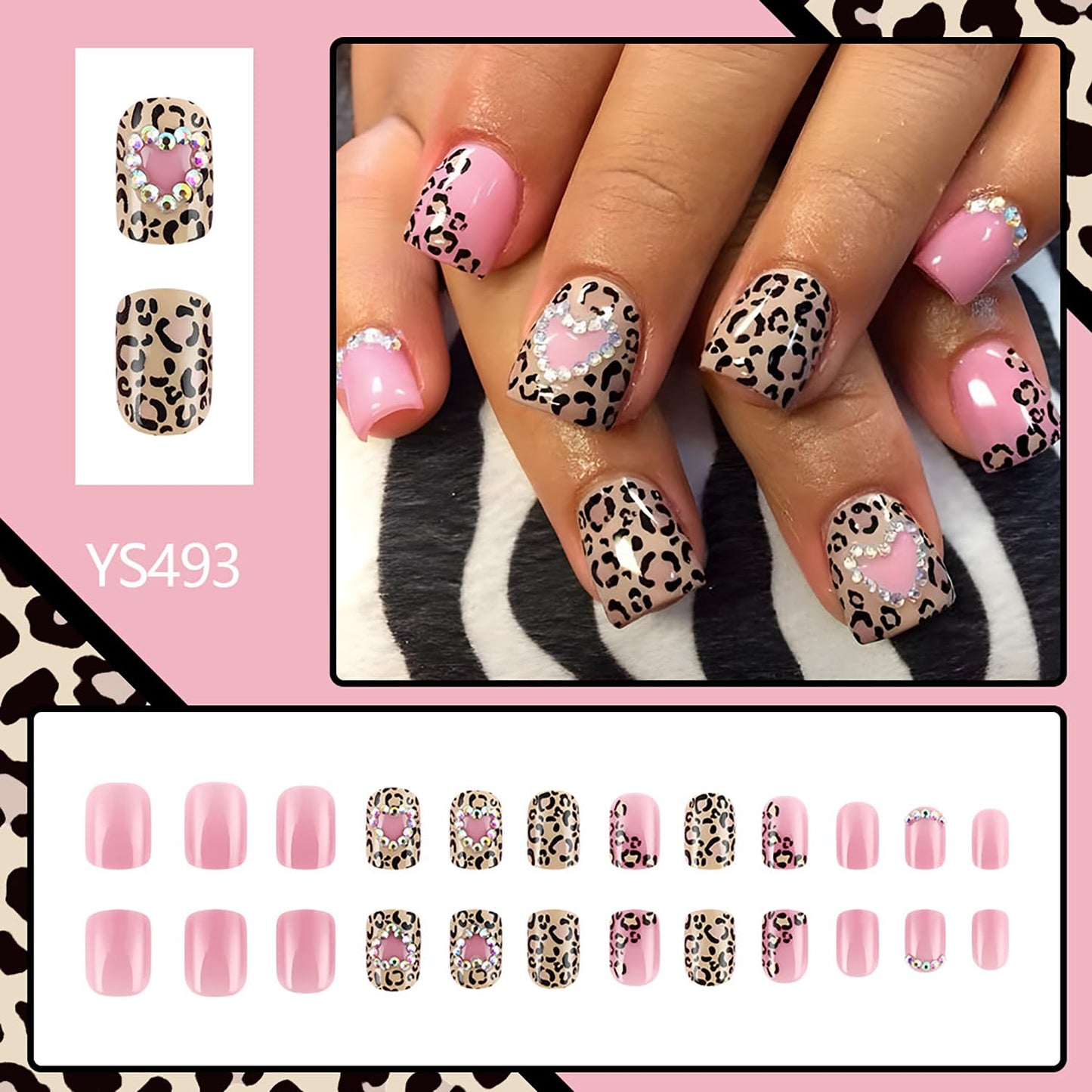 24Pcs Leopard Love Heaert Valentine's Press on Nails Short Square Glitter Rhinstones False Nails Pink Acrylic Nails Full Cover Square Stick on Nails Glossy Valentines Glue on Nails for Women