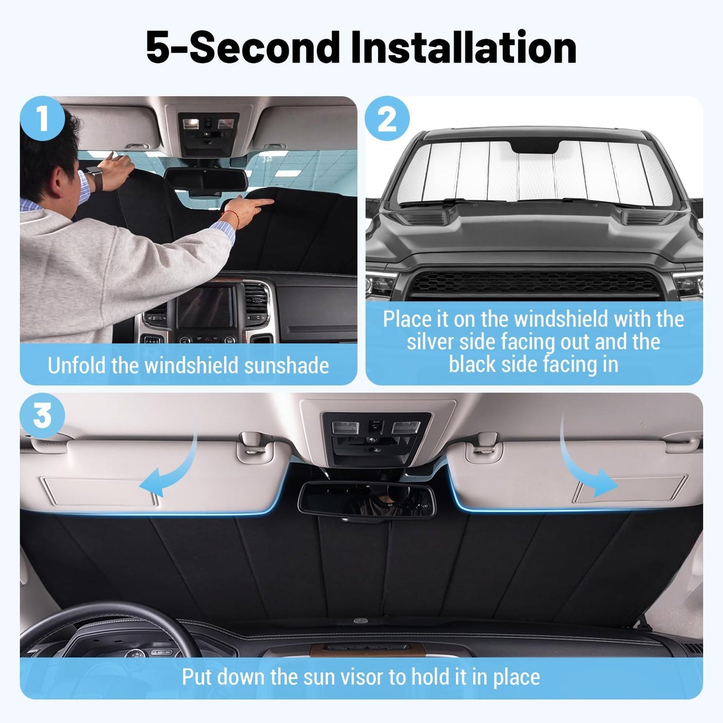 Zaqmru Full Window Sunshades Compatible with Dodge RAM 1500 2019-2026 Sunshade for Car Windshield Side Rear Window Truck Privacy Window Covers (Silver 6PCS)