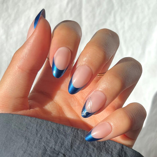 Harry Potter™ x Glamnetic Press On Nails - Ravenclaw™ | Blue French Tip Eagle Graphic Short Almond Fake Nails in a Chrome & Glossy Finish | 15 Sizes - 30 Nail Kit with Glue