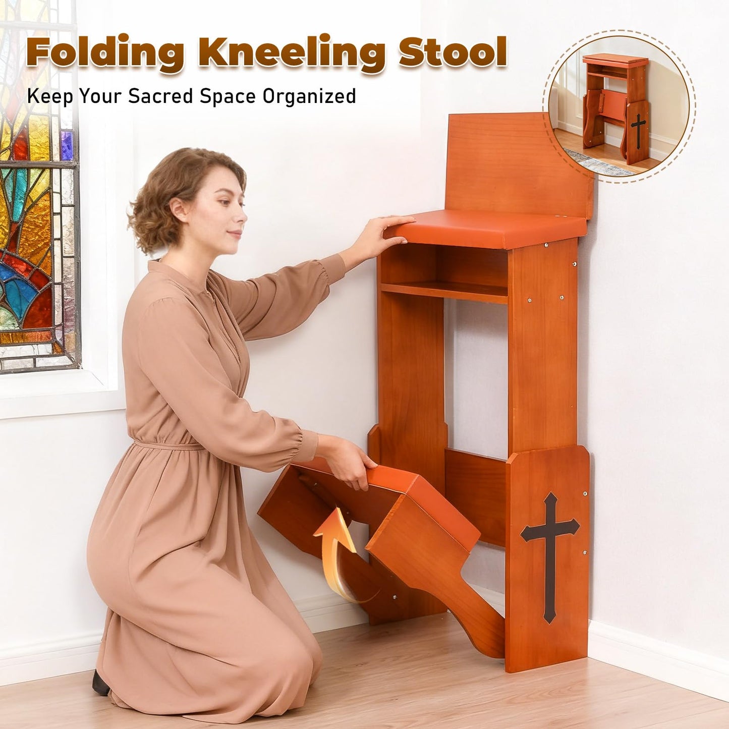 JoyPcsTable Prayer Kneeler Bench with Book Rest, Adjustable Height Foldable Kneeling Bench with Thick Padding, Portable Prayer Stool for Home, Church and Meditation