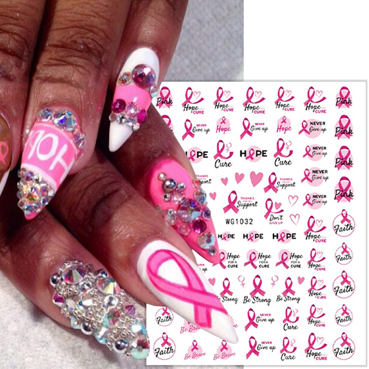 8 Sheets Pink Breast Cancer Awareness Nail Stickers for Nail Art Pink Ribbon Nail Decals 3D Self-Adhesive Breast Cancer Nail Art Stickers Heart Hope Letter Nail Design Decals for Women