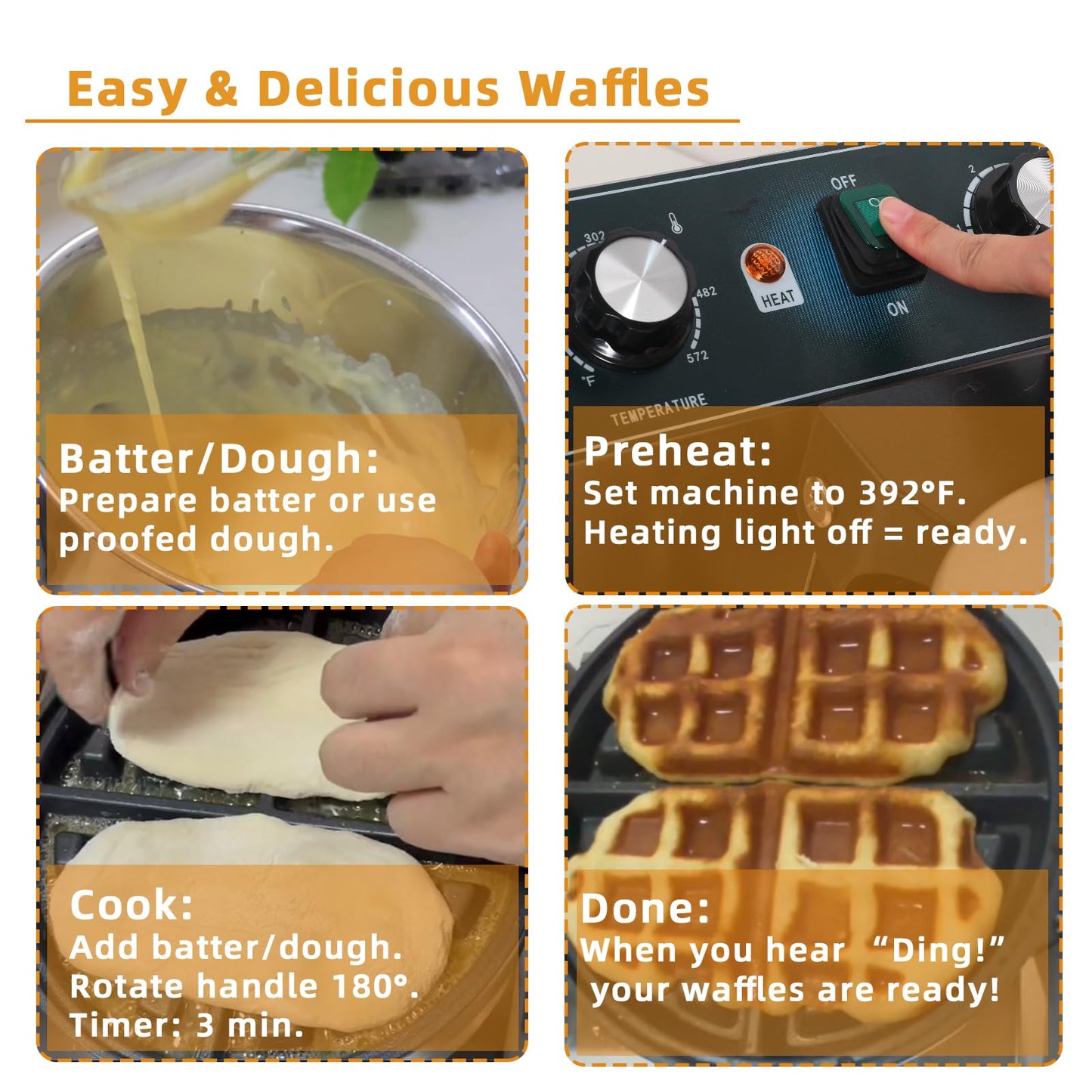 Hehinton® 110V 1300W Commercial Belgian Waffle Maker, 180 Degree Rotatable Waffle Baker Machine with 122-572℉ Temp Control, 0-5min Timer, φ7"X1.2" Thick Non-Stick Dough/Batter Round Waffle Maker