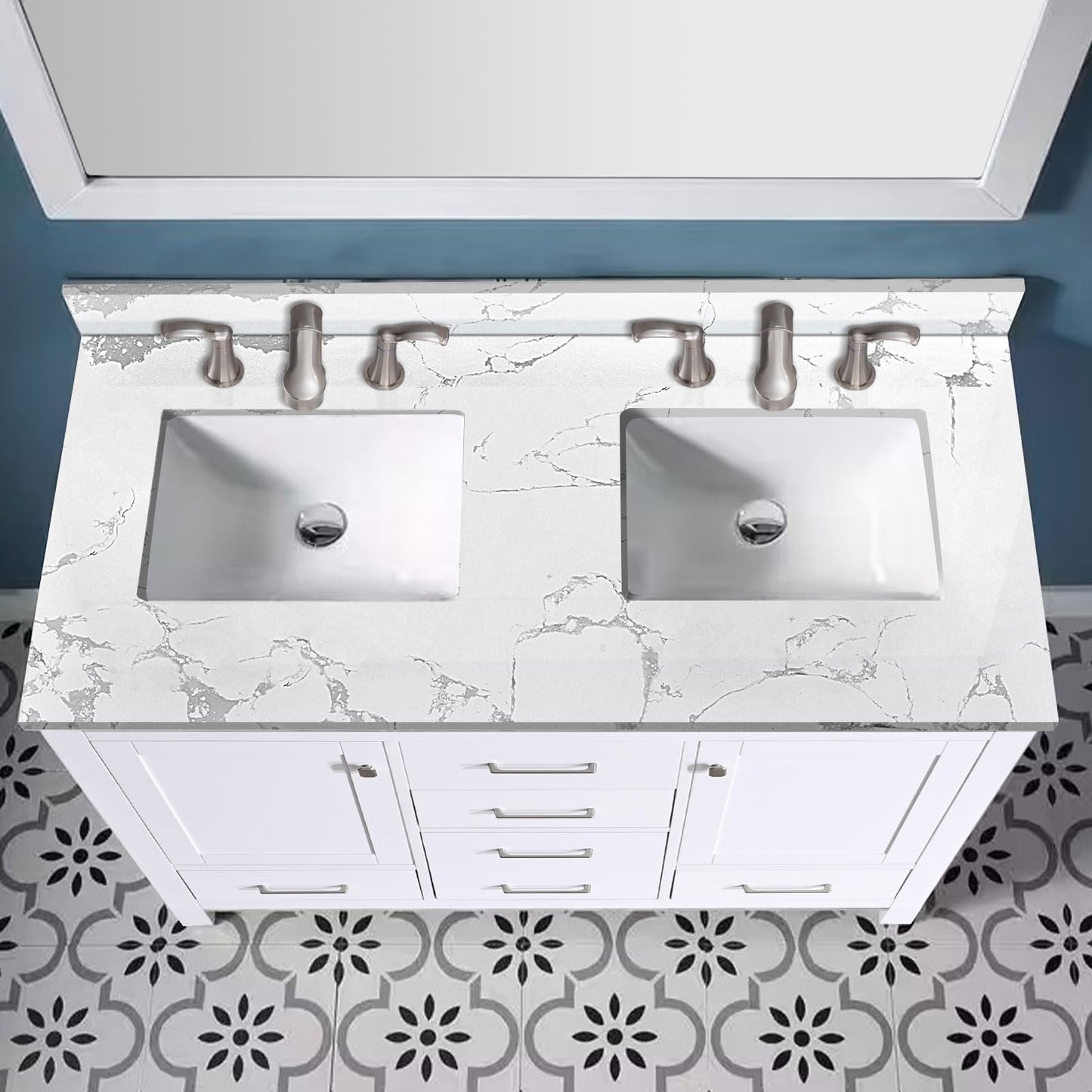 EQLOO 48"x22" Vanity Top with Sink, Engineered Stone Vanity Top with Rectangular Undermount Ceramic Double Sink, 8 Inch Faucet Hole Spacing with Backsplash Countertops for Bathroom
