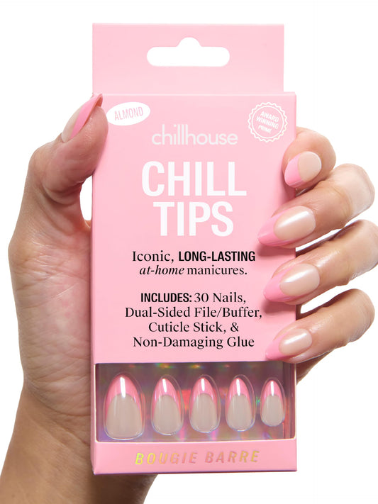 Chillhouse - Chill Tips, French Tip Press On Nails Kit - Bougie Barre (Almond) - 30 Nail Shapes & Sizes - 2 Weeks of Wear - Customizable Fit - French Manicure Kit - Women Owned - Beauty & Self Care