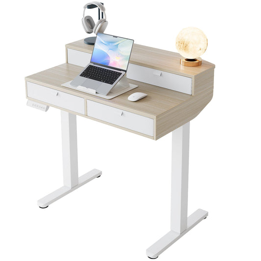 HUANUO 32 x 20 inch Electric Standing Desk with 4 Drawers, Adjustable Height Sit Stand Home Office Desk C-Clamp Mount Compatible, Ergonomic Stand up Desk with 4 Preset Heights, Natural