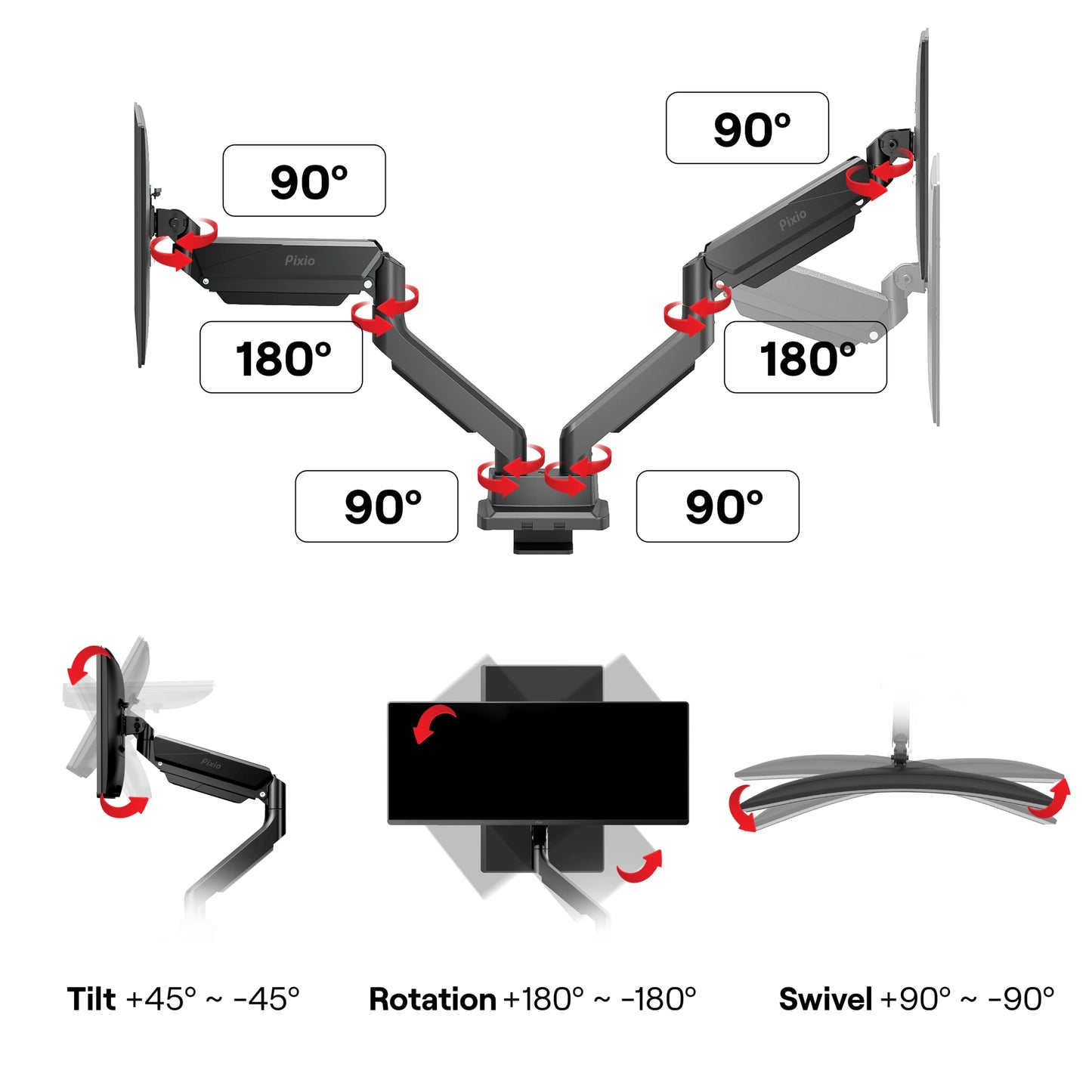 Pixio PS2D Ultrawide Heavy-Duty Premium Dual Monitor Arm Stand Desk Mount - Fits up to 35 inches Two Monitors, Weights up to 33 lbs Each, Height Adjustable, Compatible with VESA 75x75mm 100x100mm
