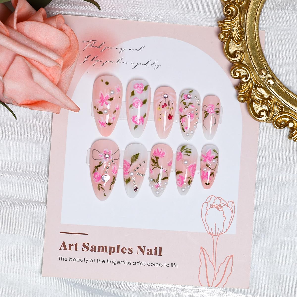 24Pcs Pink Flower Press on Nails Medium Almond Fake Nails with Peach Blossom Rhinestones Pearl Design Handmade False Nails 3D Floral Gems Bow Glue on Nails Rose Artificial Acrylic Nails Kit for Women