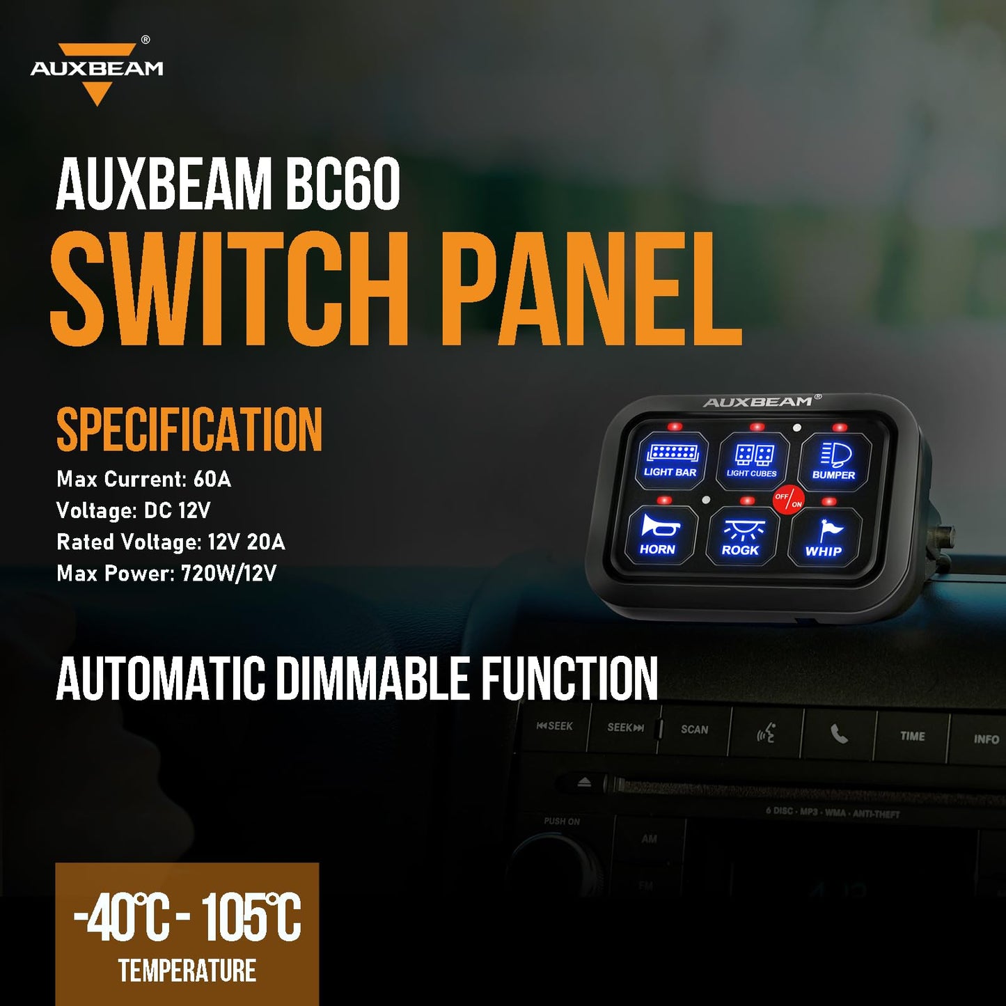 Auxbeam 6 Gang Switch Panel BC60 Universal Circuit Control Relay System Automatic Dimmable LED Switch Pod Touch Control Panel Switch Box for Car Truck Pickup Boat UTV SUV - Blue, 3 Years Warranty
