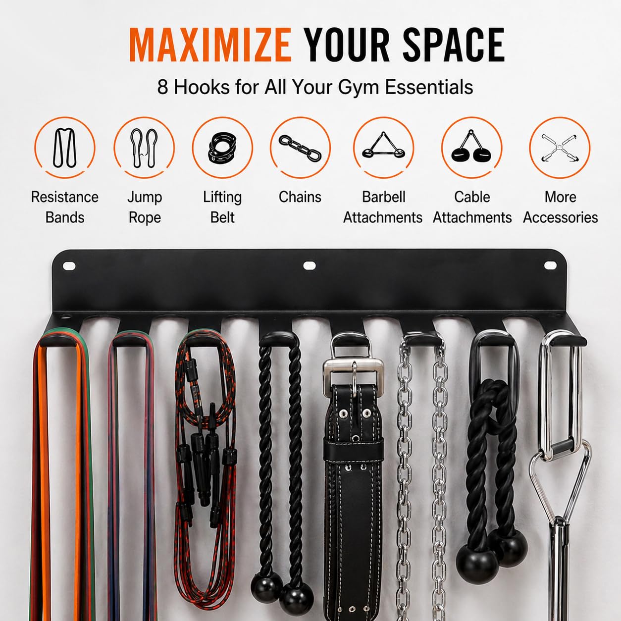 FizLig Gym Equipment Storage Rack - Multi-Purpose Home Gym Organization Storage Wall Mount for Resistance Bands, Jump Ropes, Lifting Belt, Chains, Barbells (16" / 8 Prongs)"
