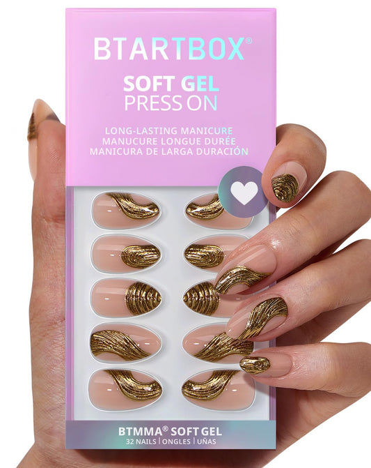 BTArtbox Press On Nails Short - Gold Rush, 3D Sculpting Metallic Almond Press On Nails with Glue and Adhesive Tabs for Women in 16 Sizes - 32 Soft Gel Glue On Nails Kit