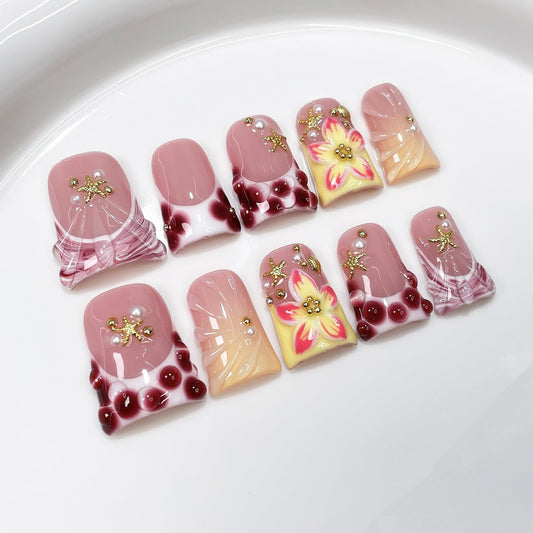 Duck Handmade Press on Nails Short Muti-Layer Gel False Nail Kit Blue Pink French Tip Fake Nails with 3D Flower Starfish and Pearl Design Luxury Artificial Full Cover Stick on Nails for Women (Size S)