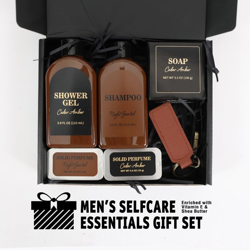BODY & EARTH Gifts for Men, Personal Care Set for Men, Cedar & Sandal mens gifts with Shampoo, Shower Gel, Soap, keychain, Fathers Day Christmas Birthday Gifts for Him