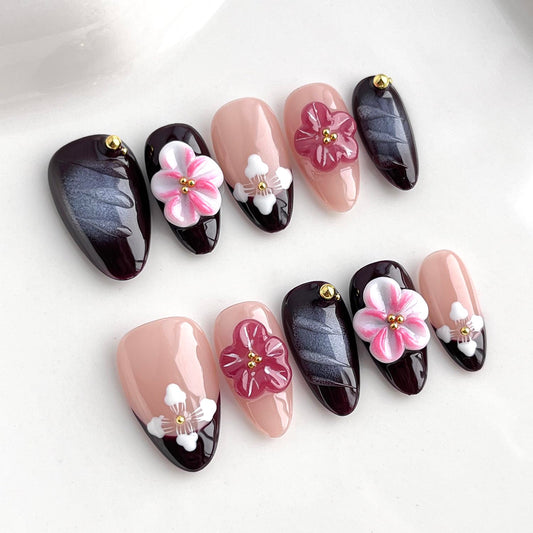 Handmade Press on Nails Almond Short 3D Floral Nails French Tip Thick Acrylic Fake Nails Purple False Nails with Pink Flower Designs Elegant Sturdy Nail Art Press on Nails 10Pcs(M)