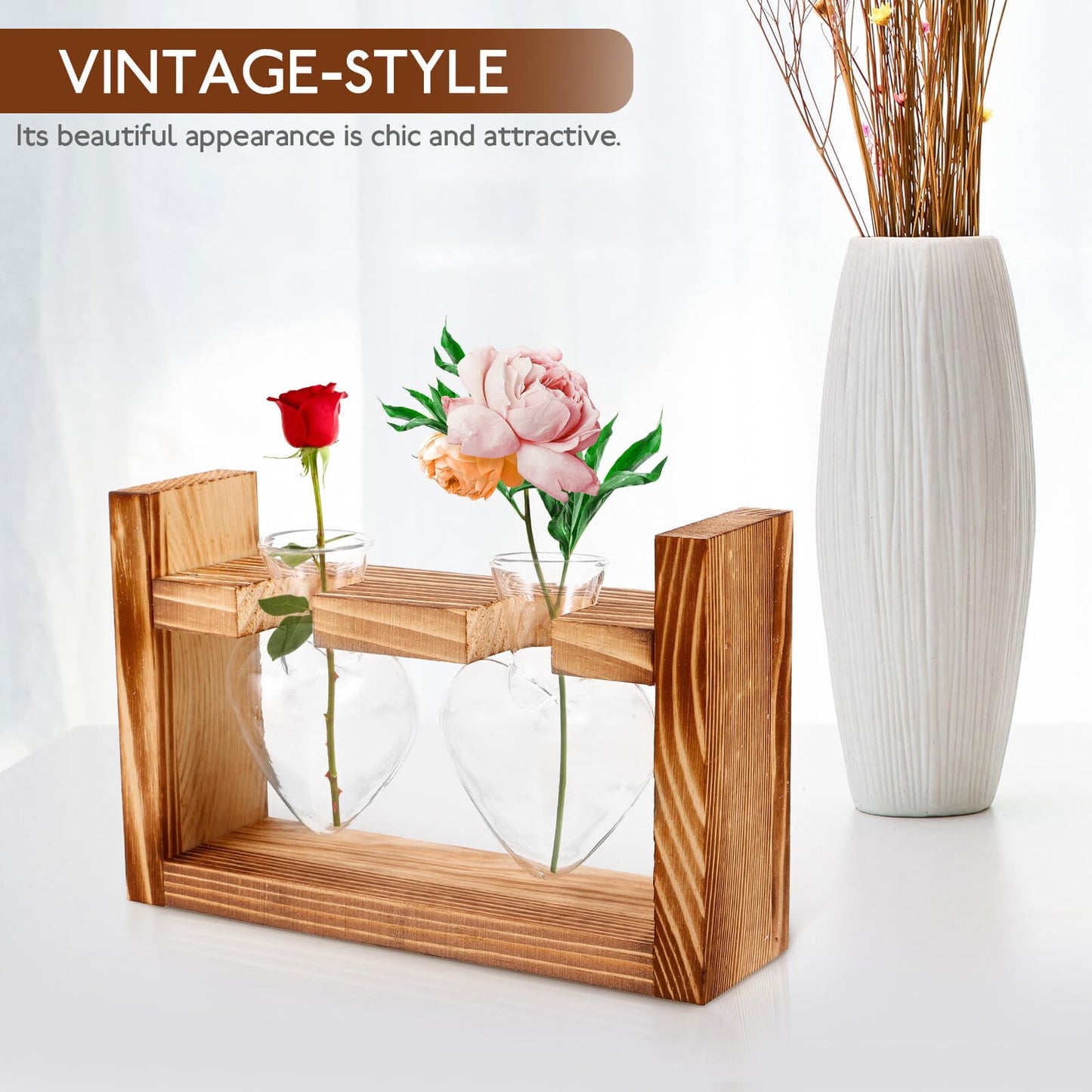 Mobestech Glass Vase with Wooden Stand Heart-Shaped Hydroponic Terrarium for Indoor Plants Desktop Plant Decor Home Vase Set with 2 Glass Containers