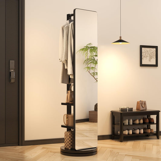 AnywaysWood Full Length Mirror with Stand,Mirror Coat Rack,65.7 ''×15.8 ''Floor Mirror for Bedroom, Living Room, Dressing Room (Black)