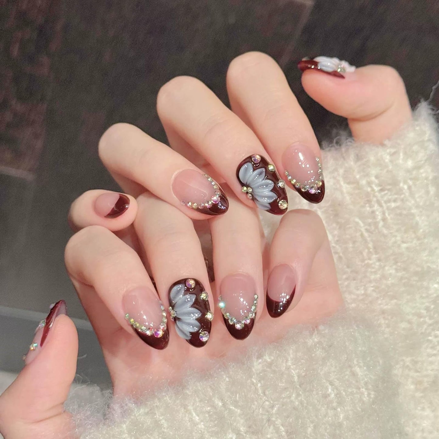 10 Pcs Short Almond Handmade Press On Nails | 3D Floral & Rhinestone French Tip False Nails | Reusable Easy Apply Salon-Quality Manicure for Women & Girls Daily & Party Wear (RR04, M)