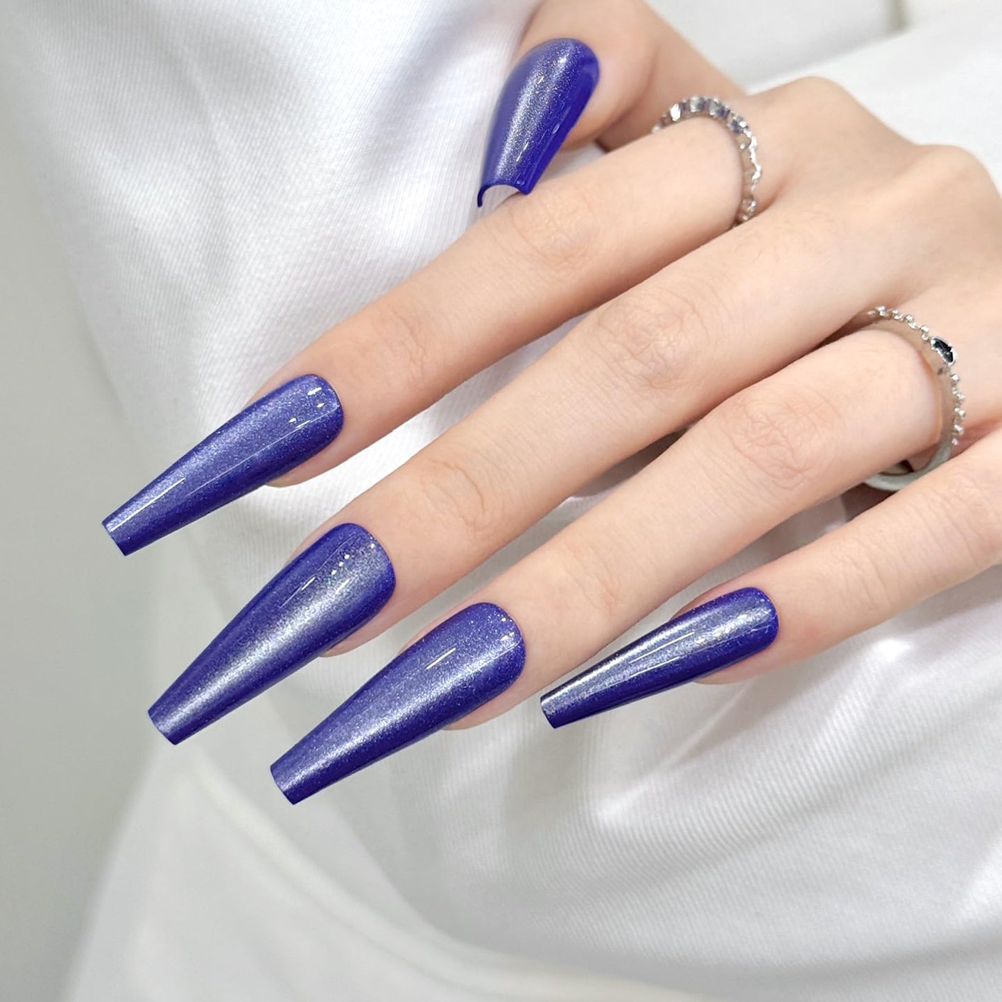 Navy Blue Cat Eyes Press On Nails,12 Sizes-24 Pcs Soft Gel Blue Long Coffin Fake Nails Kit with Nail Glue, Natural Reusable Stick On False Nails for Women and Girls SK1050