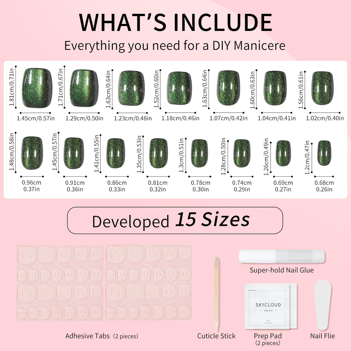 Green Cat Eyes Press On Nails,12 Sizes - 24 Pcs Soft Gel Green Short Squoval Fake Nails Kit with Nail Glue, Natural Reusable Stick On False Nails for Women and Girls SK1066