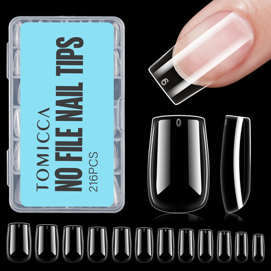TOMICCA Fake Clear Nails, Short Square False Nail Tips, 216Pcs Nail Extension Tips for DIY Salon Gift 12Size