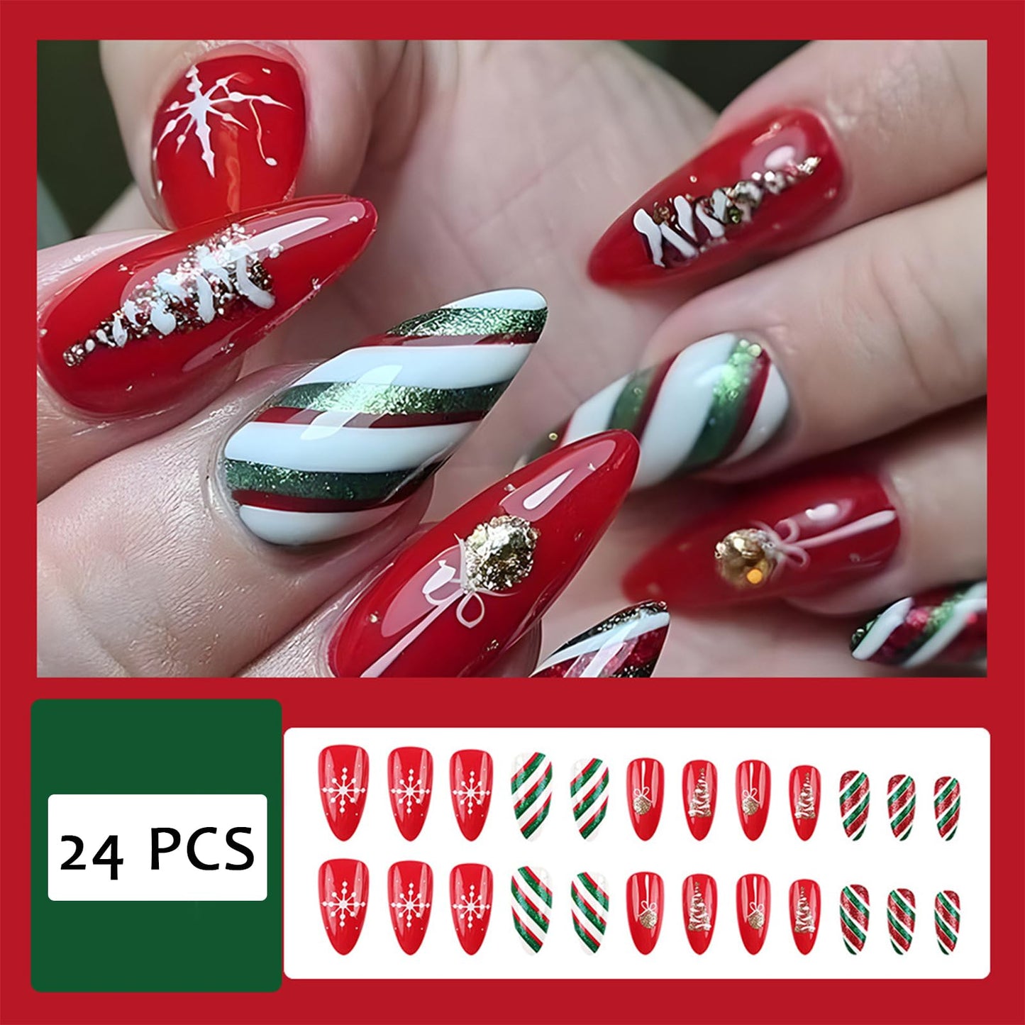 24Pcs Christmas Red Snowflake Press on Nails Long Almond Red Green Stripes Fake Nails with Glitter Christmas Tree Designs False Nails Full Cover Glossy Acrylic Holiday Stick on Nails for Women Girls