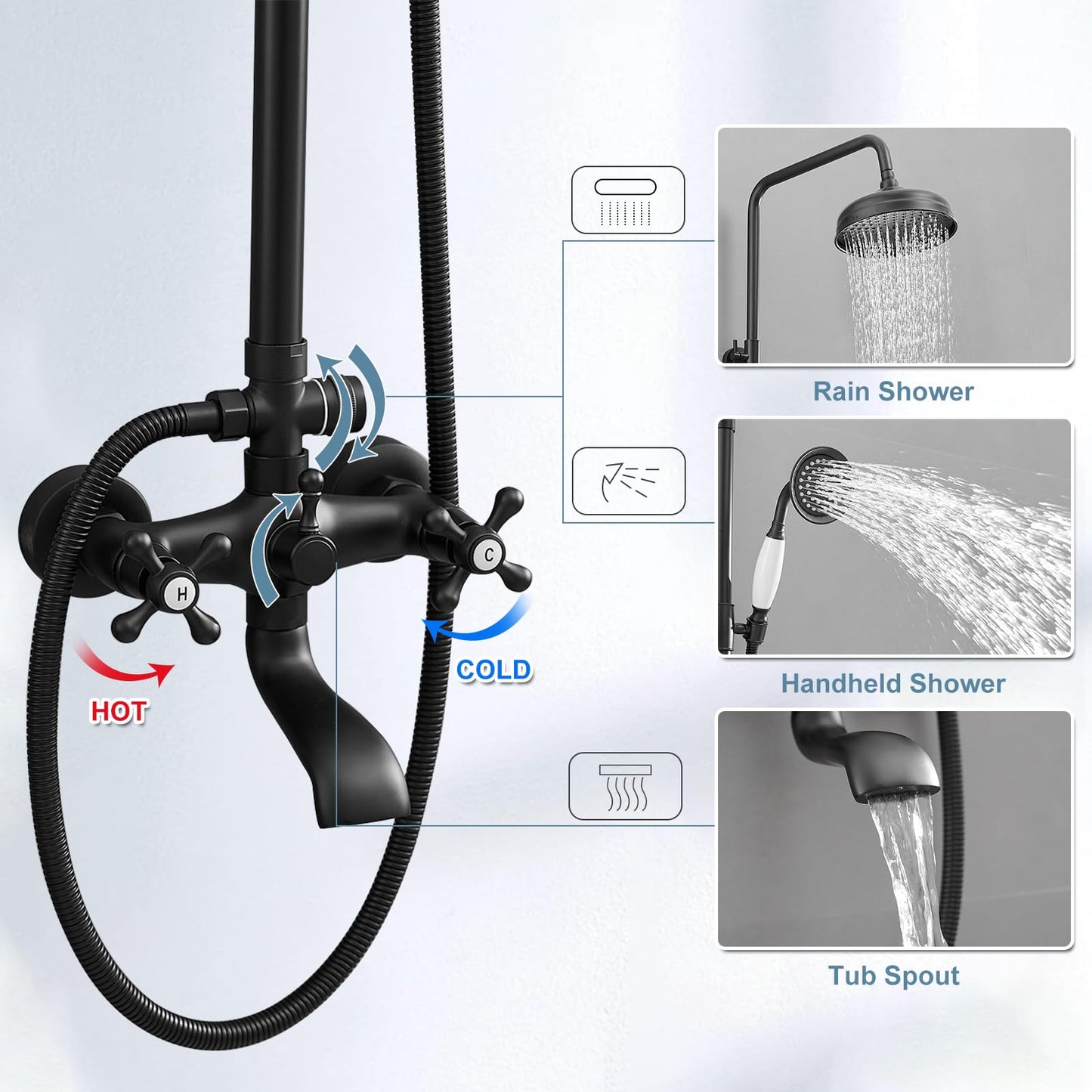 BWE Exposed Bathroom Shower Faucet Set Black Bathroom Shower Faucet Triple Functions 8 Inch Rainfall Shower Head Handheld Spray with Tub Spout Exposed Shower System Double Handle