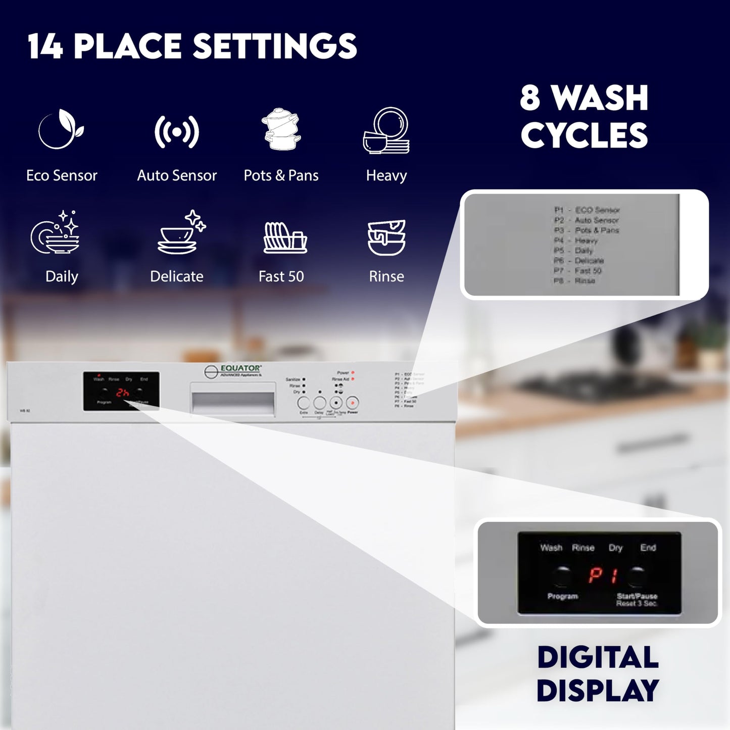 Equator24" Built in Dishwasher 14 Place Setting Wine Rack 8 Wash FAST 50 Delay1/2Load 110V E-Star ADA in White