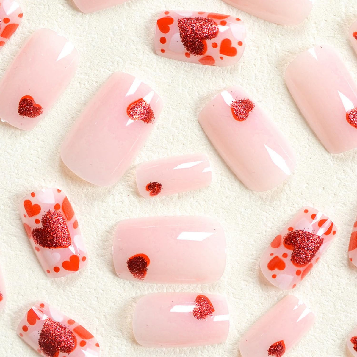 Valentine's Day Press on Nail Medium Length Square Fake Nails Nude Pink Press ones with Red Hearts designs Stick on Nail Glitter Acrylic Press ones Full Cover Reusable Glue on Nails for Women 24pcs