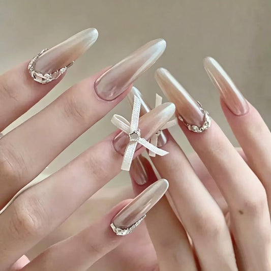 24pcs Elegant pearl white Press On Nails,extra-long almond Fake Nails with crystal bow Decor, Reusable Stick On Nails for parties&special occasions