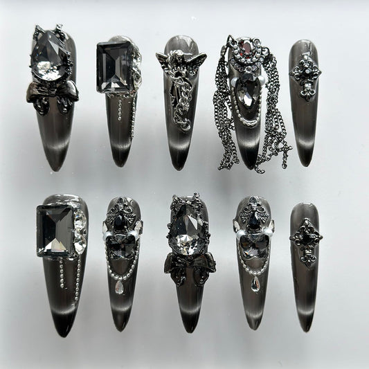 Luxury Press on Nails Long Almond Handmade 3D Unique Reusable ABS Material Fake Nails Black Gothic False Nails with Designs Chain Rhinestones Charms Glitter Glossy Thick Acrylic Nails(M)