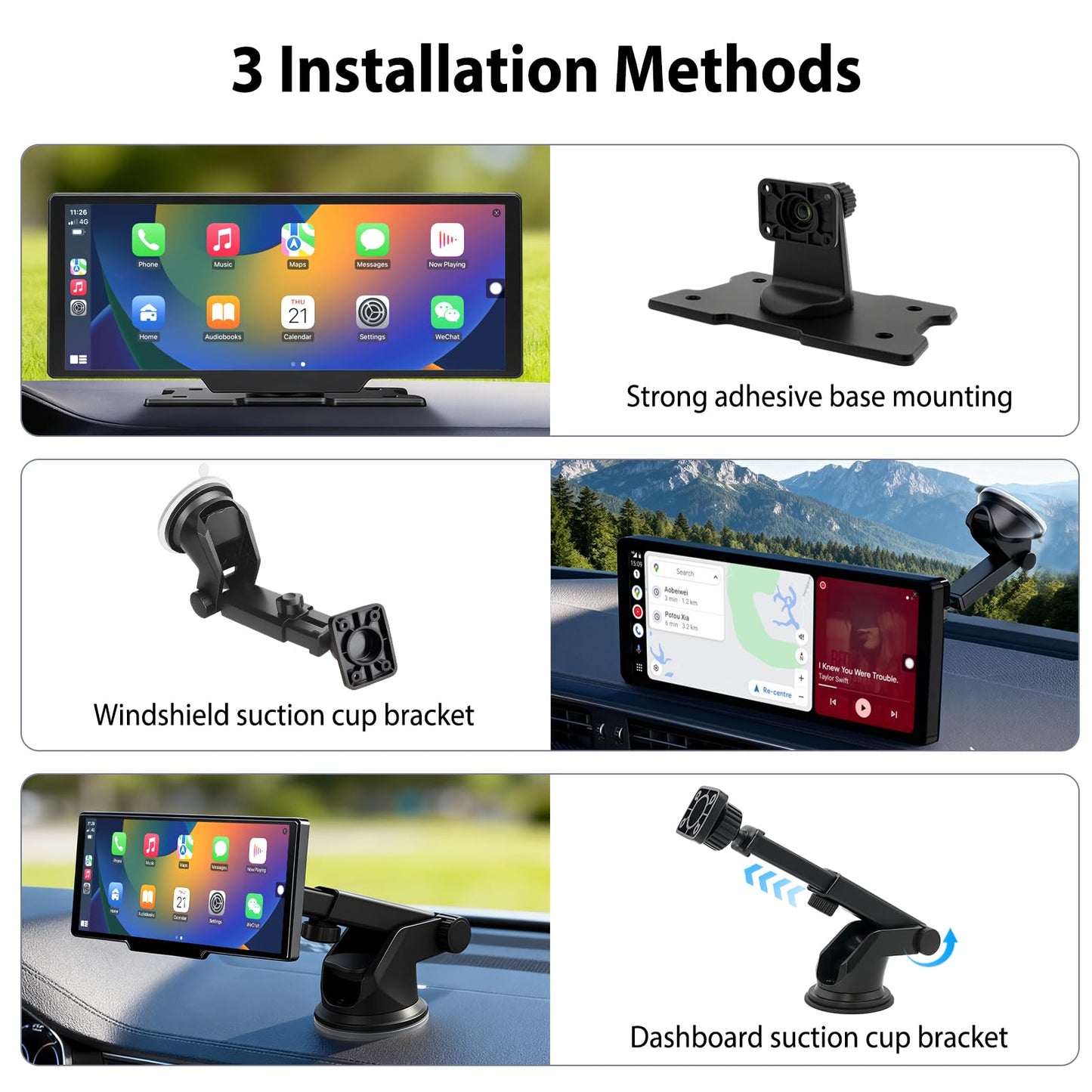 10.26" Wireless CarPlay Screen for Car: 4K Dash Cam & 1080P Backup Camera, Portable Touchscreen Car Stereo for Apple Carplay & Android Auto, GPS Navigation, Mirror Link BT FM Voice Control (ADAS)