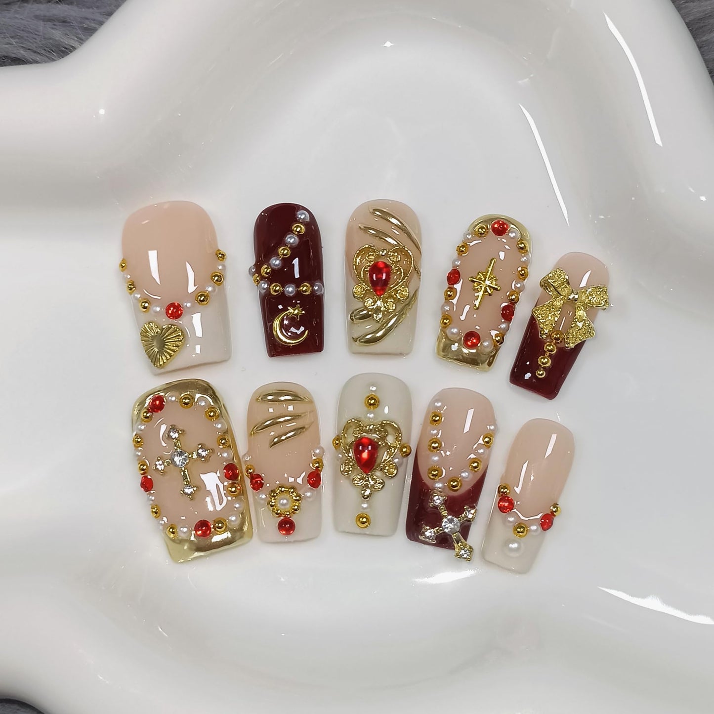 TENPAL Royal Baroque Style Handmade Press on Nails Medium Long- Wine Red & Gold French with 3D Cross Heart Pearl Designs | Regal Y2K Fake Nails with Tools for Women Girls(S)