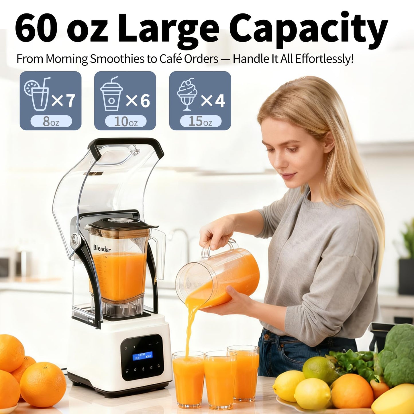 Commercial Blender 2200W Heavy Duty Countertop Blender, Quiet Shield Sound Enclosure, 6-Blade System, DIY Timer & 9-Speed, 5 Preset Programs,Smoothies, Juices, Shakes & Frozen Drinks, 60oz Pitcher