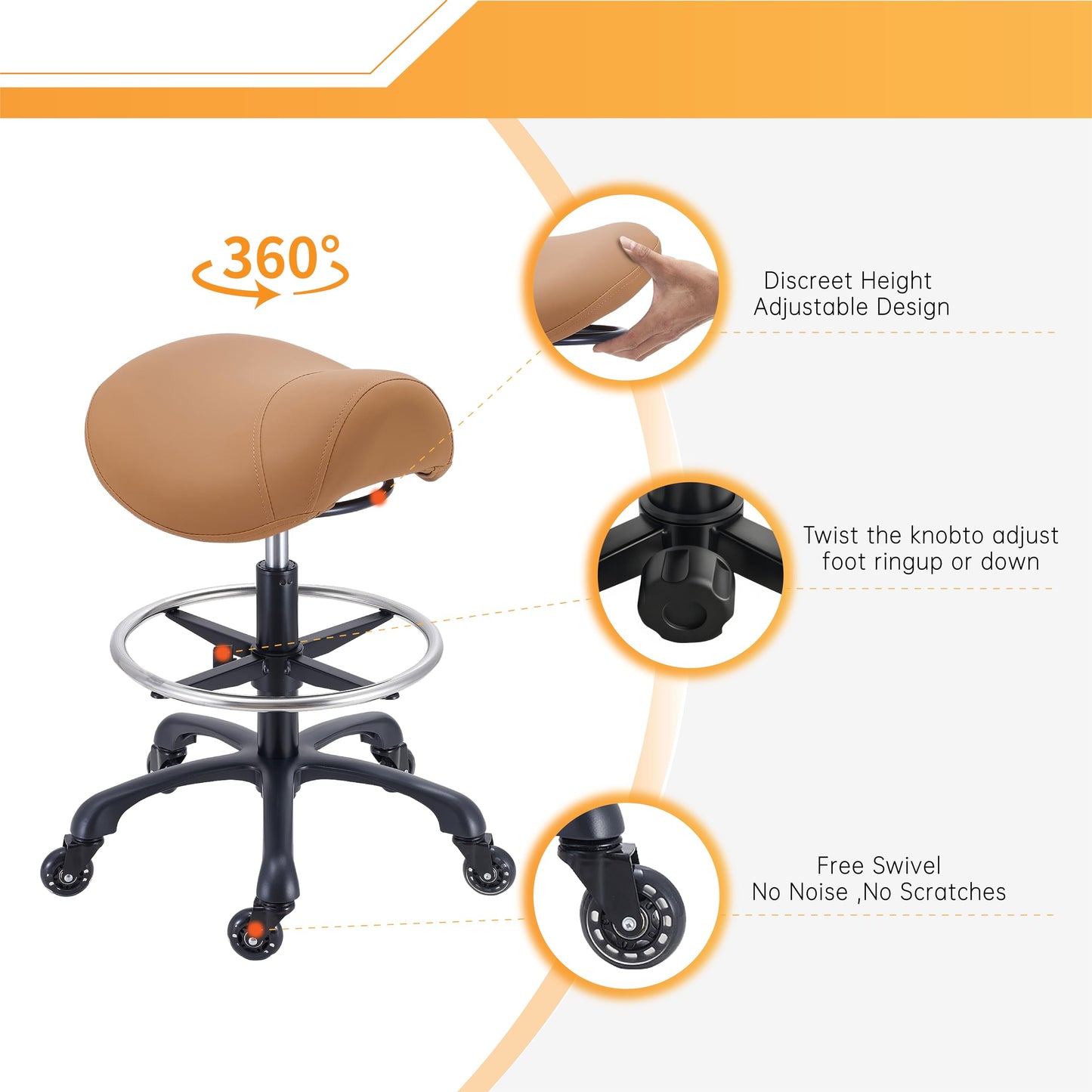 Coczeb Saddle Salon Stool with Footrest,Heavy Duty, Adjustable Height, Rolling Esthetician Chair for Tattoo Spa Medical Dentist Clinic(Brown)