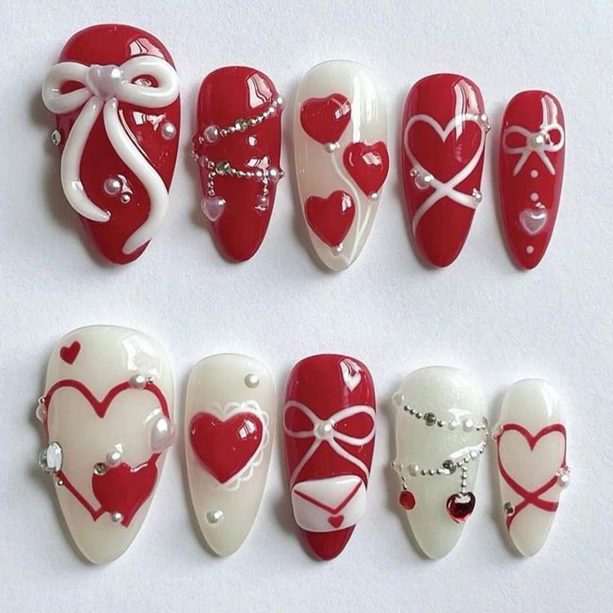 24Pcs Valentine's Love Press on Nails Almond Red Heart Fake Nails with 3D Bow Rhinestones Design French Tip False Nail White Pearl Stick on Nails Hearts Romantic Y2k Handmade Nail for Women