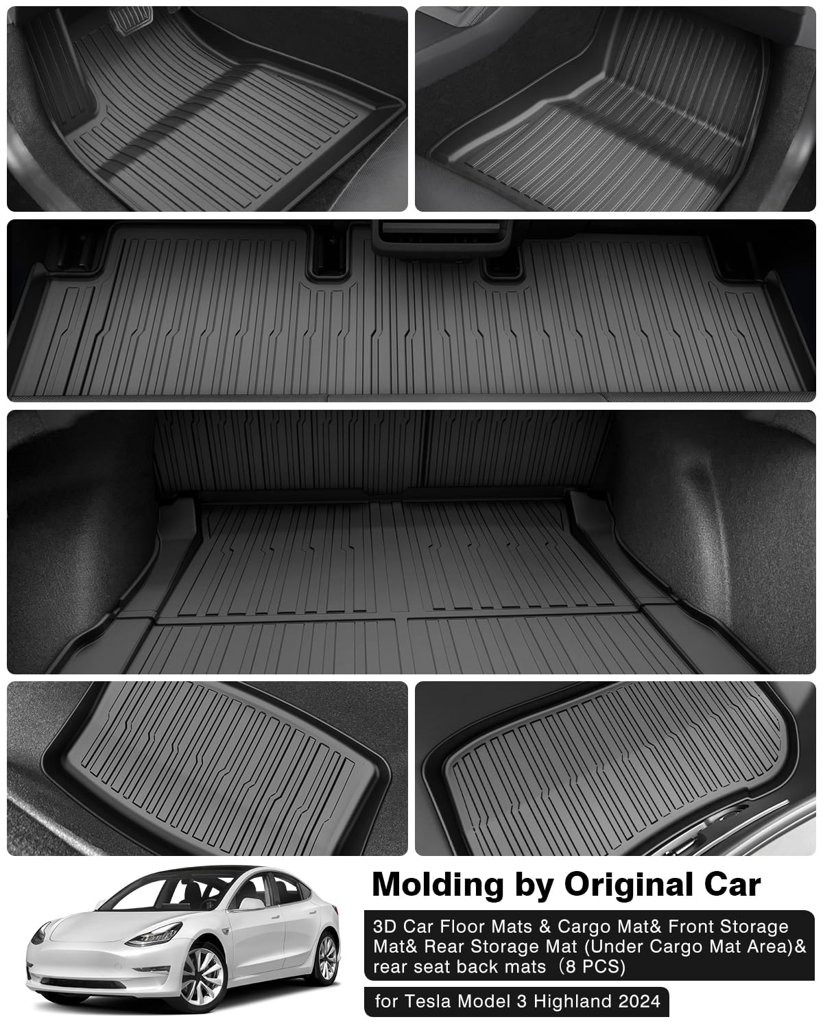 Powerty Floor Mats for 2024 2025 2026 Tesla Model 3 Highland 8 PCS Floor Cargo Liners Full Set All Weather TPE 3D 2 Row Liner Front Rear Storage Mat and Rear Seat Back Mats