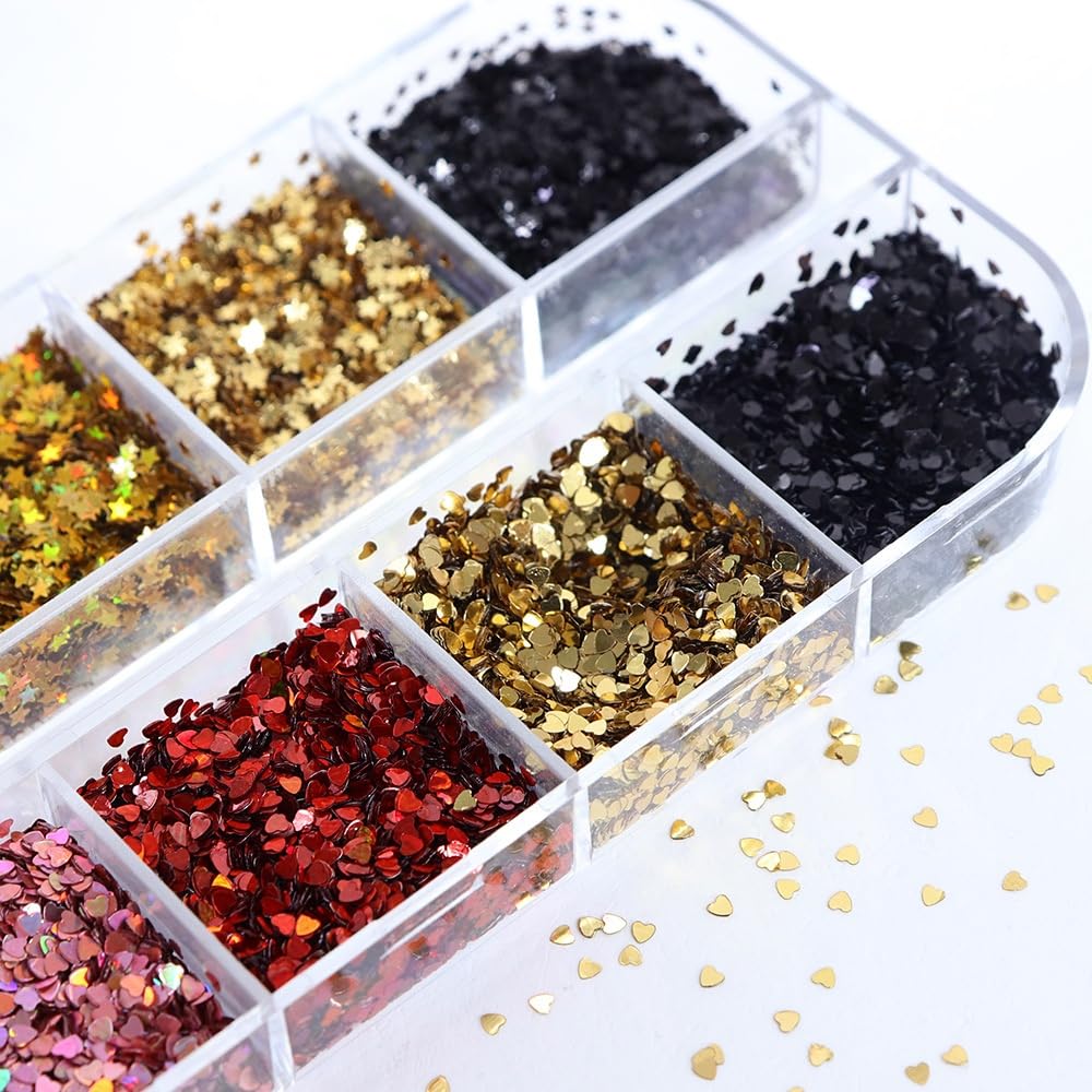 1 Box 12 Color Holographic Hearts Star Nail Glitter Tiny Heart Nail Sequins 3D Red Gold Nail Flakes Sparkly Powder Flakes Shiny Nail Glitter Valentine's Day Nail Sequins Glitter for Nails Art 12 Grids