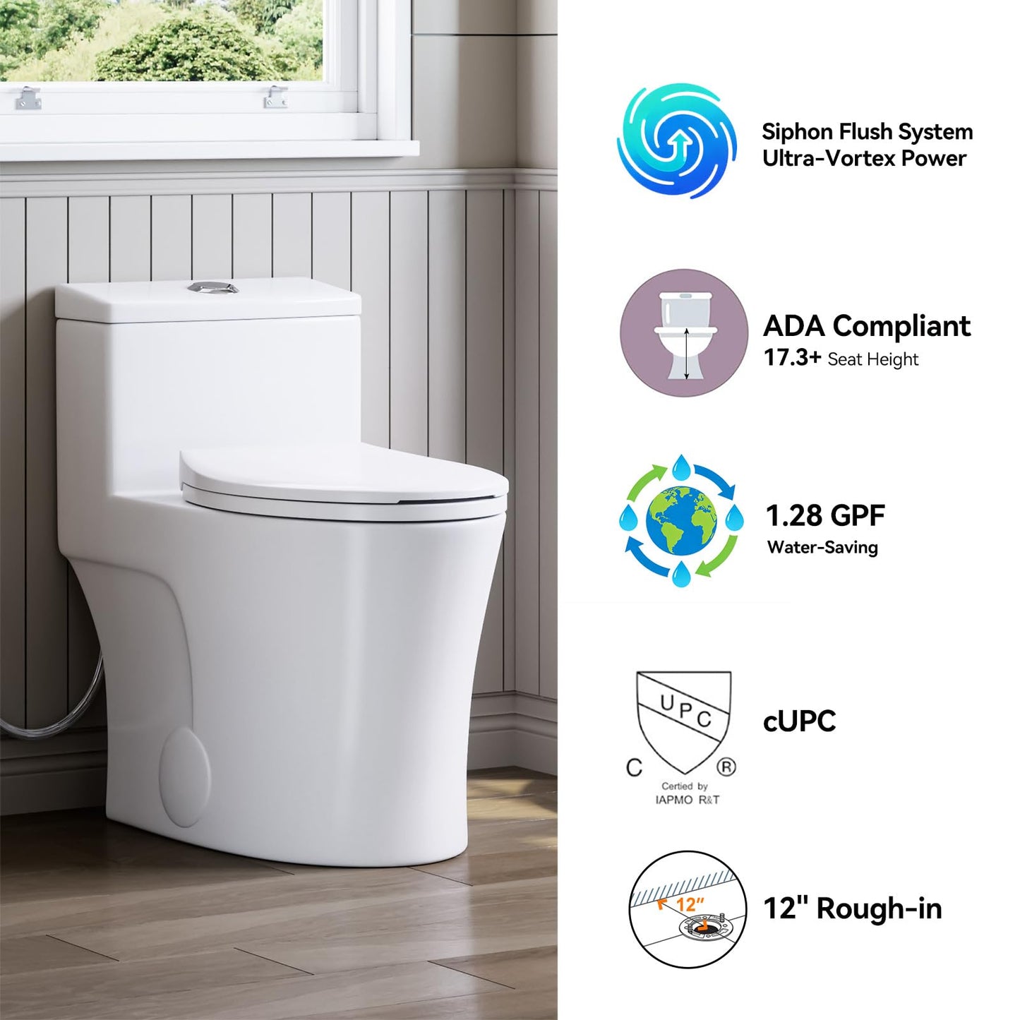HOROW T0338WM Elongated One Piece Toilet Matte White, ADA Toilet 17.3" with Comfort Chair Height Seat, 0.8/1.28 GPF Powerful Dual Flush Toilet for Bathroom, 12" Rough-in Skirted Toilet Bowl