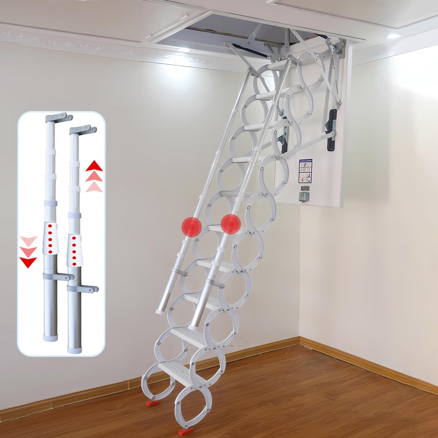 12 Steps Ceiling Mounted Attic Ladder, Retractable Pull Down System Attic Stairs, Telescopic Loft Stairs with Pull Rod, Ceiling Folding Loft Ladder with Handrail for Basement (White, Steps 12)