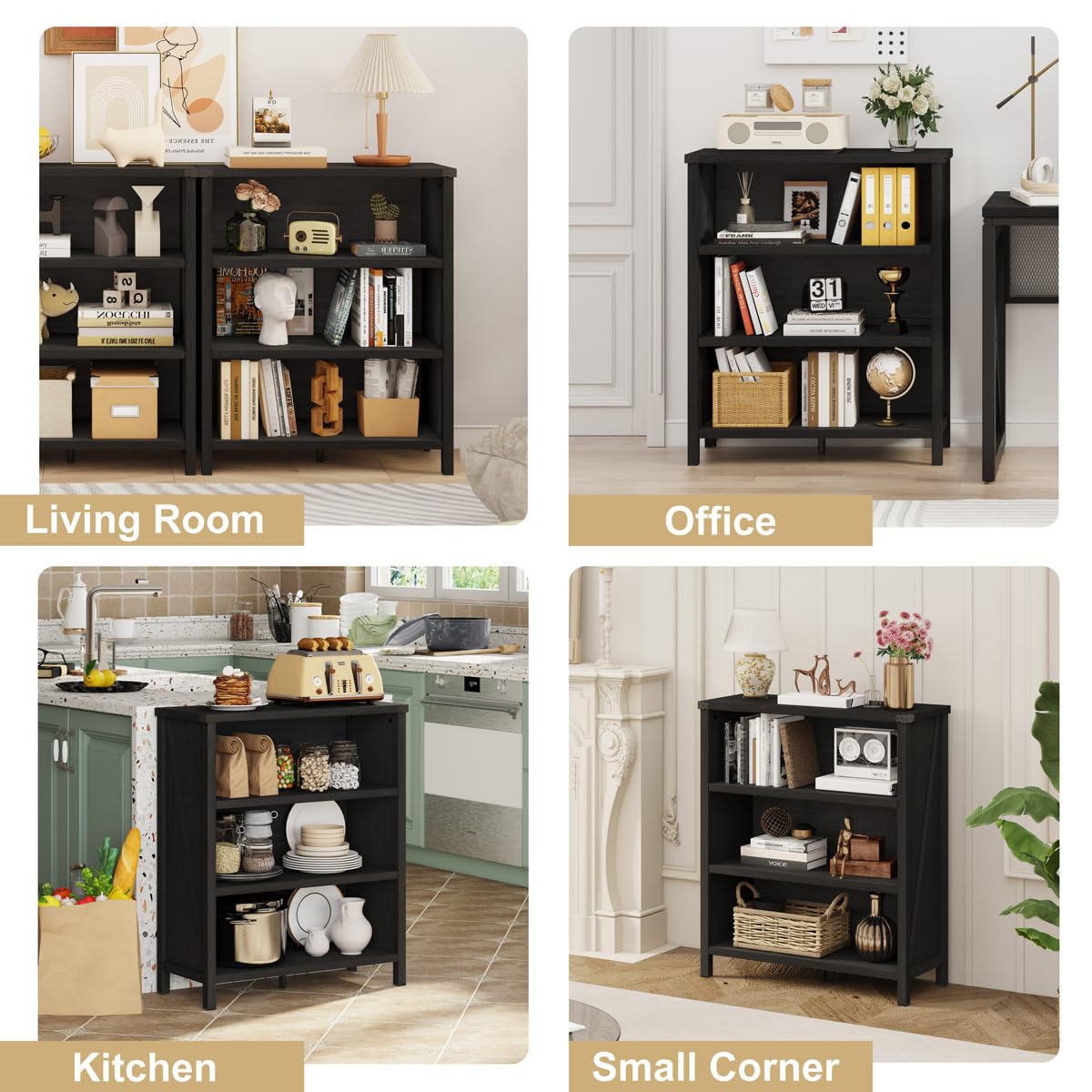 BON AUGURE Small Bookshelf, 3 Tier Black Book Shelf, Farmhouse Storage Bookcase, Short Wooden Book Cases for Small Space, Office, Bedroom, Living Room (Black Oak)