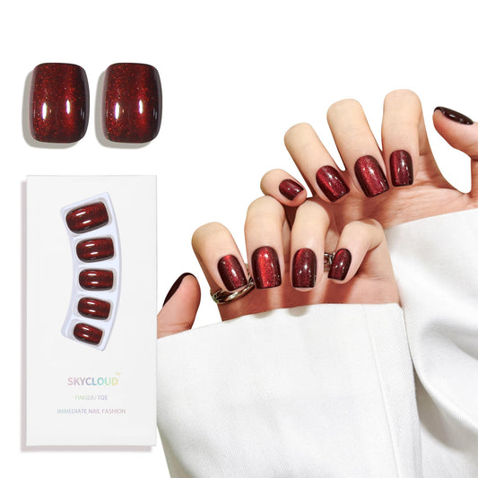 Dark Red Cat Eyes Press On Nails,12 Sizes - 24 Pcs Soft Gel Red Short Squoval Fake Nails Kit with Nail Glue, Natural Reusable Stick On False Nails for Women and Girls SK1058
